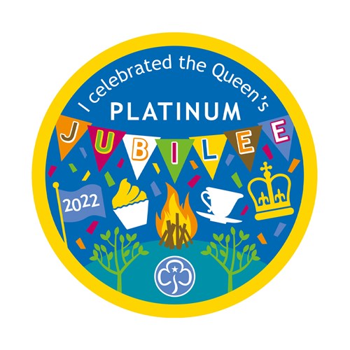 Multi coloured badge with bunting and icons for Jubilee celebrations