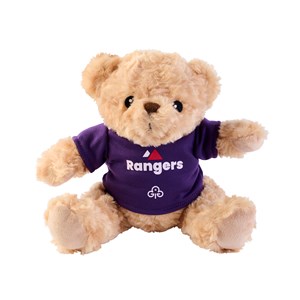 Teddy bear wearing Rangers t-shirt.