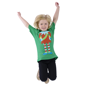 child jumping while wearing Rainbows Elf Christmas t-shirt 