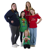 Woman wearing Christmas loading jumper with girl wearing Brownies Elf Christmas t-shirt  and Rainbows Elf Christmas t-shirt  also next to woman wearing Naughty Nice Christmas adult t-shirt and girl wearing Naughty Nice Christmas kids t-shirt 